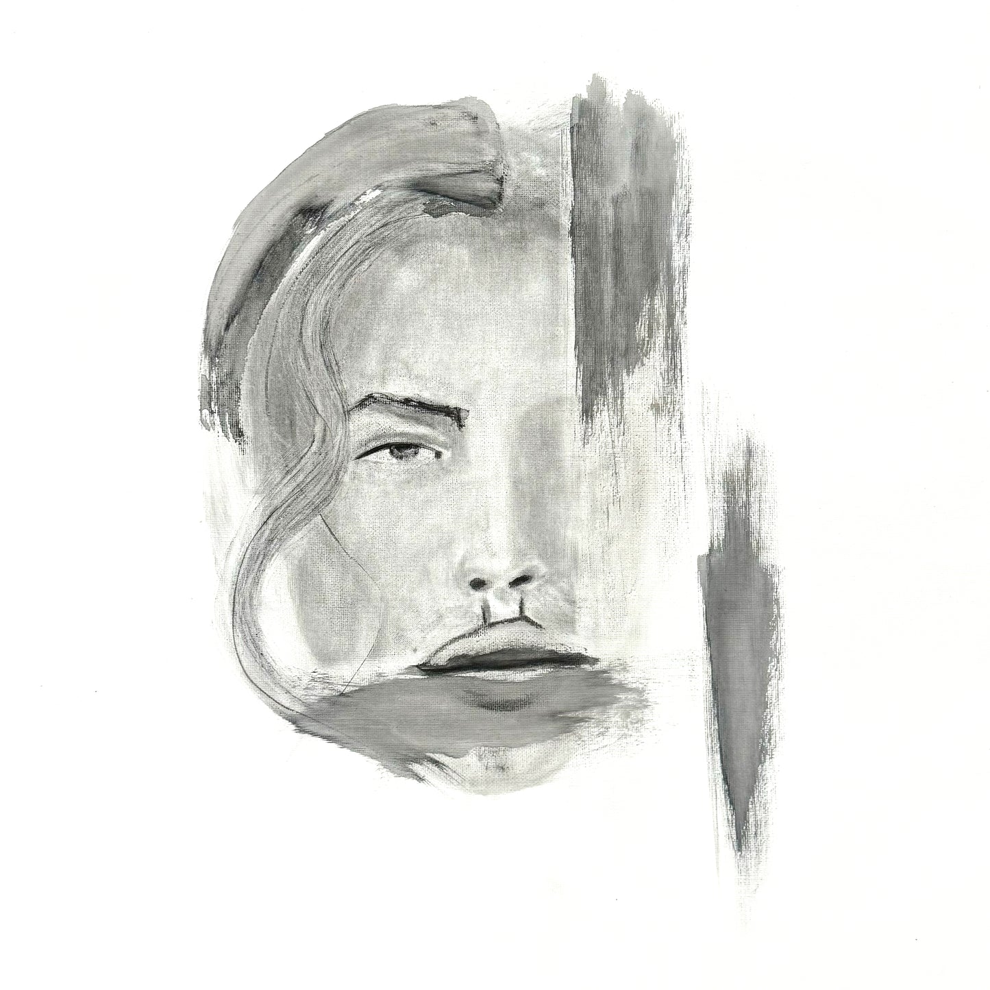 Black and white abstract art of a face with flowing hair on a white background