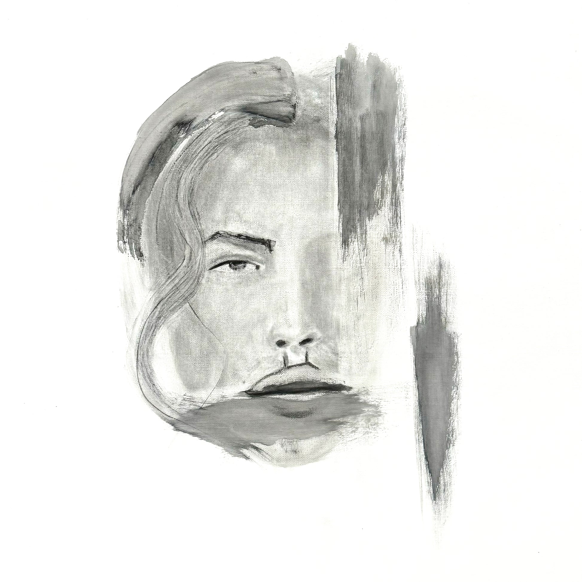 Black and white abstract art of a face with flowing hair on a white background